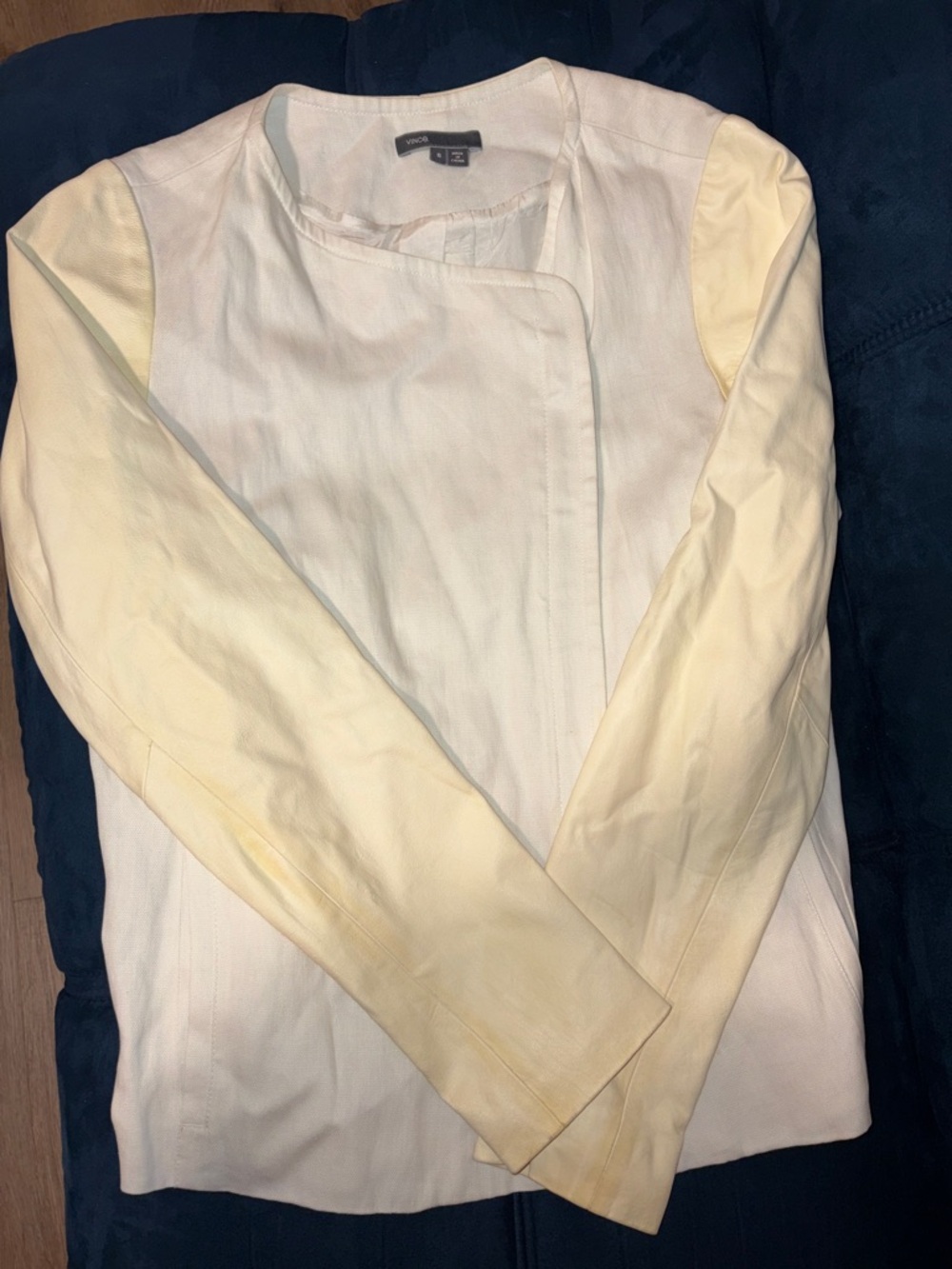 Vince Cream and Soft Yellow Leather-Sleeve Blazer